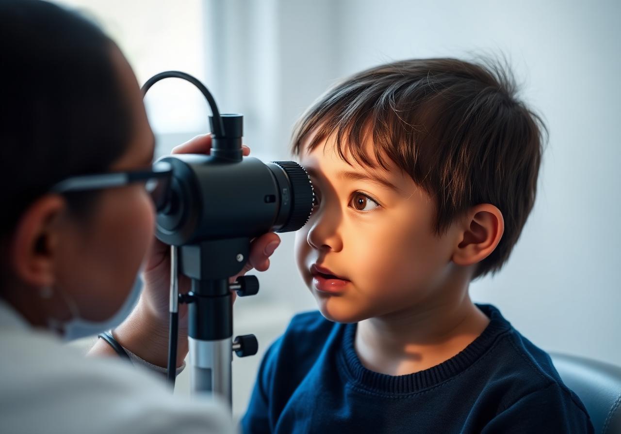 Enfant examiné à la lampe à fente par une ophtalmologue